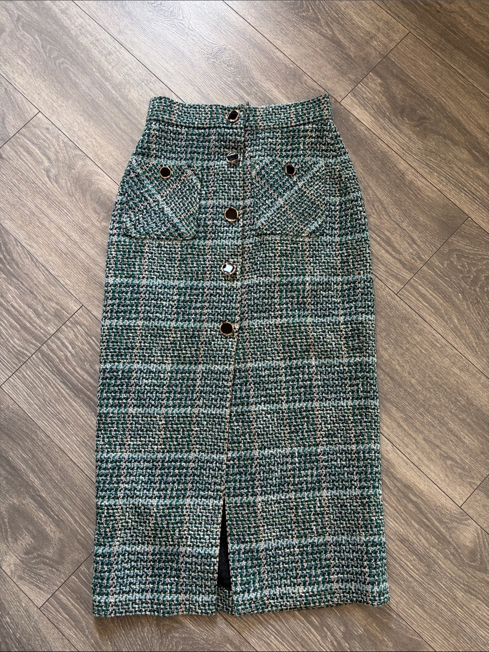 Zara Green Tweed Button-Front Pencil Skirt